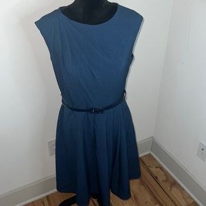 Calvin Klein blue draped A line belted semi cap sleeveless dress Sz 8